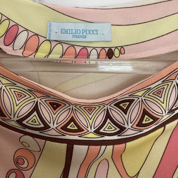 Emilio Pucci Firenze 100% silk jersey tunic top cap sleeves yellow pink abstract - Picture 10 of 11